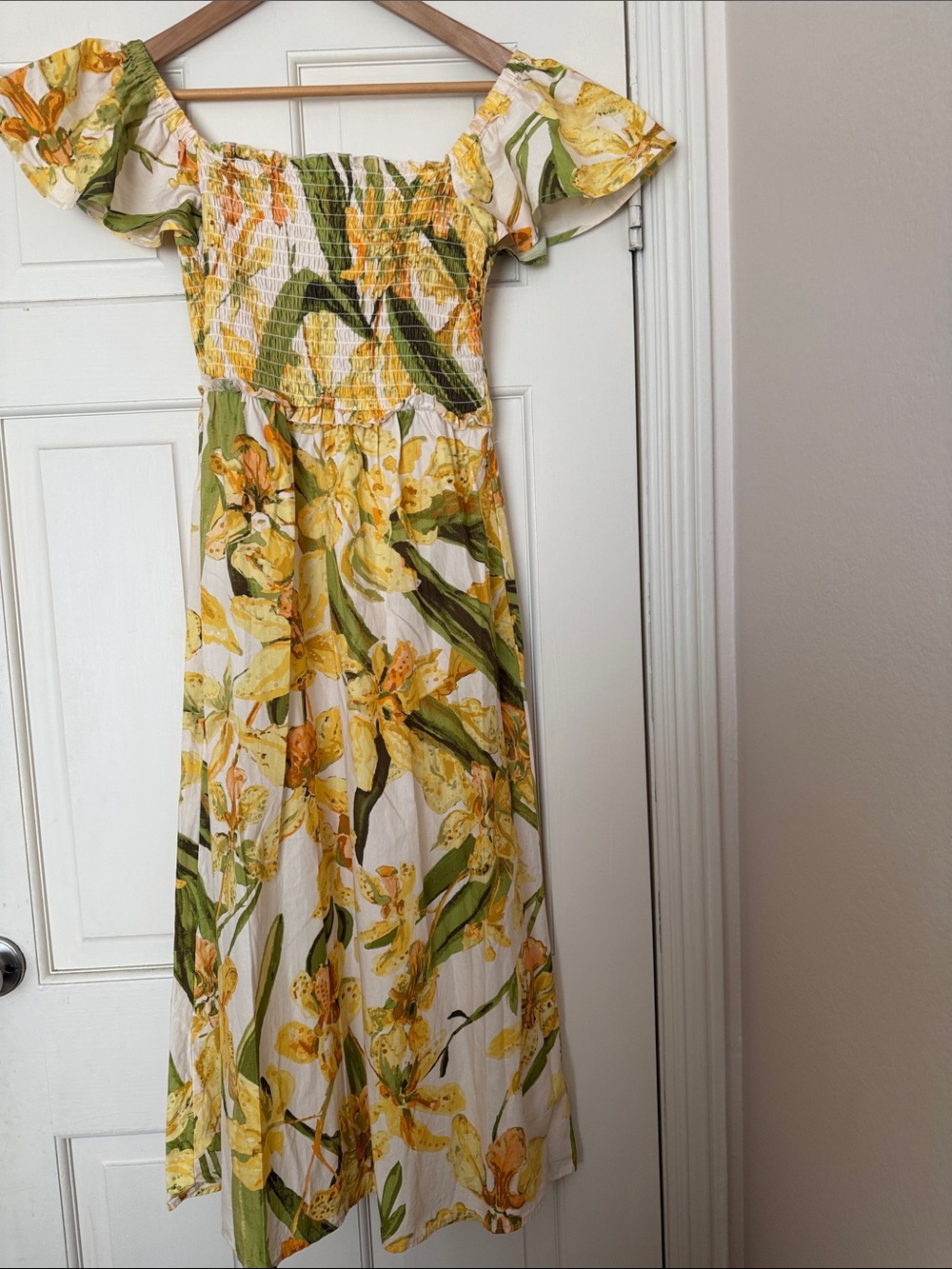 H&M Yellow and Green Floral Off-Shoulder Maxi Dress